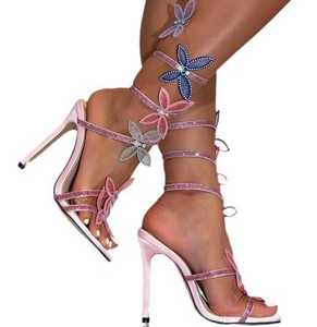 New Elegant Pink Cherry Blossom Bow Ultra High Heel Ankle Strap Women's Dress Sandals Cross Tie Straps <b>Rubber</b> Insoles Summer - Product Image 1