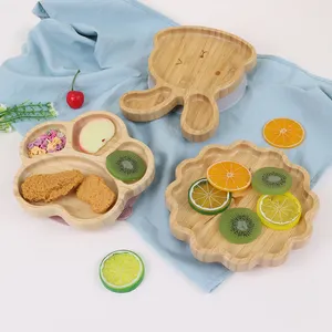 Fancy Cartoon Animal Design Wooden Dinner Children Kids Baby Bamboo Bowl Plate Feeding Set With Silicone Suction