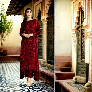 Elegante Salwar Kameez Rojo de Georgette con Bordado y Detalles de Flecos, Traje Étnico Tradicional Indio-Pakistaní para Bodas y Fiestas, Resistente a las Arrugas - Product Image 3