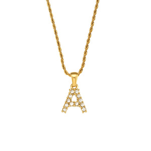 Ciondolo Personalizzato con Lettera Iniziale Incastonato con Zircone Rotondo Trasparente, Collana con Catena a Corda Intrecciata in Acciaio Inossidabile Placcato Oro 18K - Product Image 5