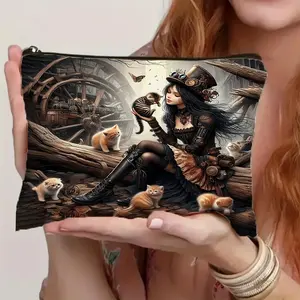 Trousse de <span class=keywords><strong>Maquillage</strong></span> en Toile à Fermeture Éclair Thème Halloween Forêt Enchantée, Chat <span class=keywords><strong>Sorcière</strong></span> et Pleine Lune, avec Motifs Chauves-Souris et Étoiles - Product Image 5