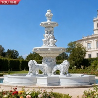 YOUFINE Grande fontaine d'eau extérieure personnalisée en marbre blanc antique avec deux lions et une dame assise pour manoir, allée et aménagement paysager