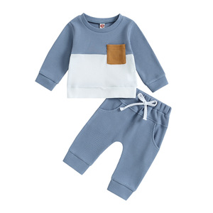 Trendy outfit voor babyjongens, kleurblok wafelprint, zachte katoenen stof, top met opgestikte zak & joggingbroek, casual <span class=keywords><strong>set</strong></span> - Product Image 3