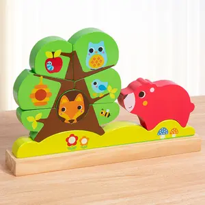 Niños de madera educación temprana magnético 3D Manzano árbol bloques de construcción apilamiento juguete Animal insectos cognición juguete educativo