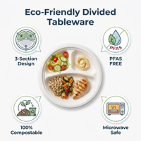 Assiettes rondes en bagasse compostables de 8,86 pouces à 3 compartiments pour la restauration, les repas scolaires et hospitaliers (vente en gros)