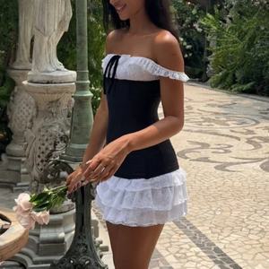 OEM 2026 Vestido Mini Negro y Blanco de Moda con Paneles de Encaje, Corsé, Ajustado, con Volantes en el Bajo, para Fiesta, Club o Cita Nocturna - Product Image 2