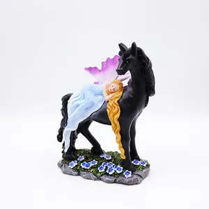 OEM Home Garden Decor Miniature 3d Figure Statue Custom Resin Craft Beautiful Mystical Fairy And Black Unicorn Figurines