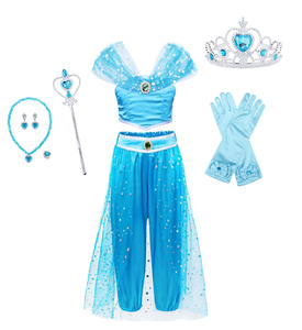 Costume de princesse Jasmine pour filles, robe de cosplay Aladdin, costume chaud pour filles, 3 pièces - Product Image 1