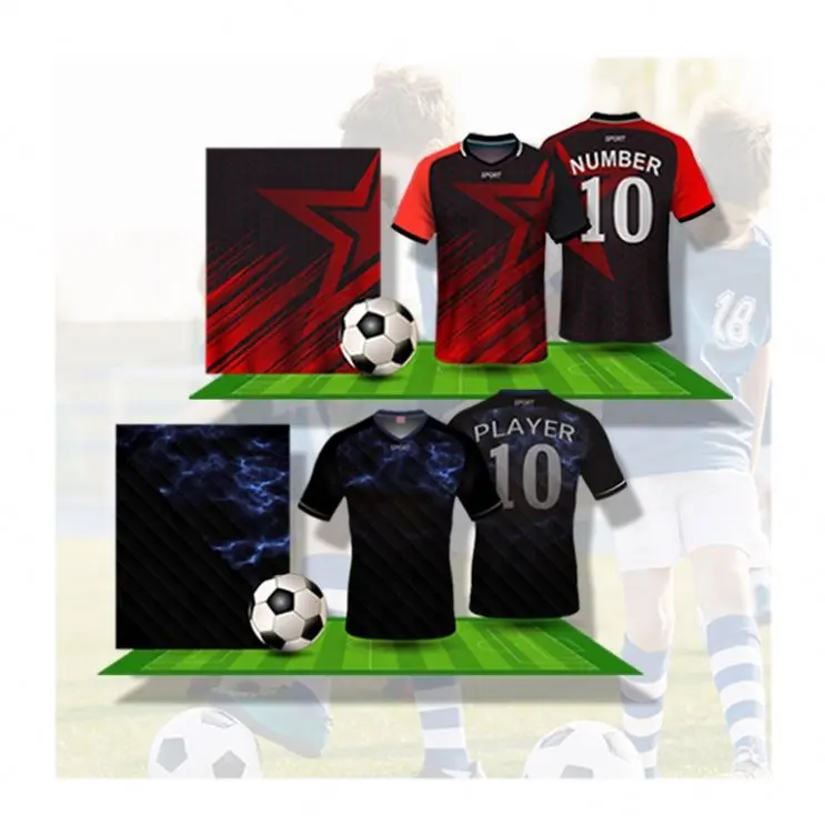 เสื้อฟุตบอลที่กำหนดเองเสื้อว่างเปล่าทอง2021สีดำและสีฟ้าเสื้อฟุตบอล