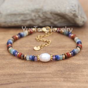 ไข่มุกน้ำจืดหินอัญมณีจักระ7ชิ้นสร้อยข้อมือประดับด้วยลูกปัดกำไลข้อมือที่เรียบง่ายทำจากสเตนเลสสตีล PVD สีทองขายส่ง - Product Image 2