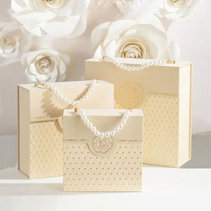 Luxury <b>Red</b> Velvet <b>Gift</b> <b>Box</b> Set with Pearl Chain Handle and Rose Embossing for Valentine's Day Promotional Novelty <b>Gifts</b> - Product Image 3