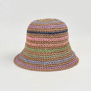 Summer Straw Braid Women New Color Striped <b>Sunscreen</b> Straw Bucket Hat Seaside Holiday Sun Crochet Paper Straw Bucket Hat - Product Image 3