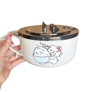 ชามบะหมี่กึ่งสำเร็จรูปลายลูกแมวน่ารัก สแตนเลสพร้อมฝาปิด สำหรับนักศึกษาหอพัก ใช้ในสำนักงาน ล้างในเครื่องล้างจานได้ - Product Image 2