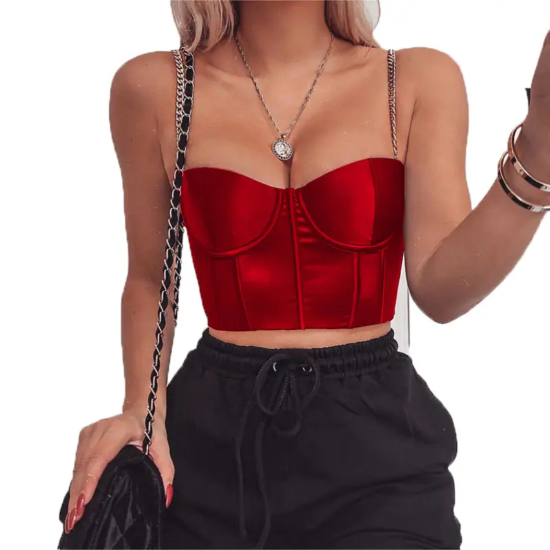 Summer Fashion Underbust Satin Red Color Chain Strap Women Sexy Crop Top Blouse