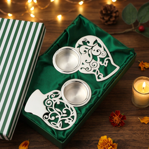 Modern Christmas Tag with Set of 2 Mitten <b>Tea</b> Light Holders Brass Silver-Plated - Product Image 2