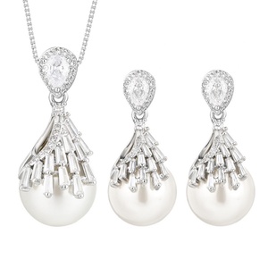 Wholesale Eco-friendly Copper 16-14mm White Pearl Premium Plated Pendant <b>Earrings</b> <b>Set</b> Women Pearl Jewelry <b>Set</b> - Product Image 1