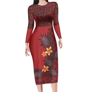 Pakaian Kantor untuk Wanita, Gaun Musim Dingin Elegan Bodycon, Gaun Kustom Motif Daun Frangipani Tribal Merah