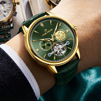 Montre mécanique squelette pour homme, 44 mm, cadran vert, affichage de la semaine, bracelet en cuir étanche, montre-bracelet de style professionnel