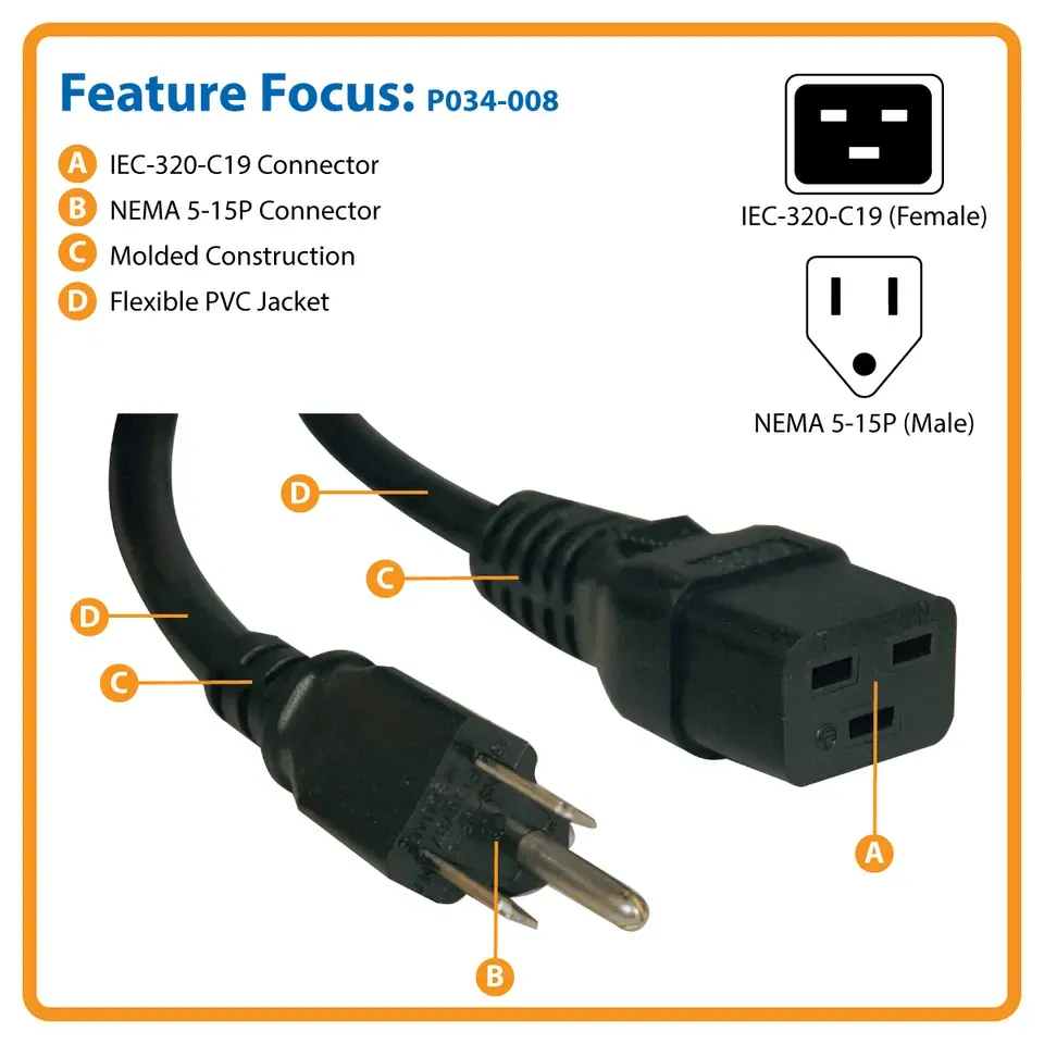 Custom Length 3800W Machine PC Server AC 12AWG 14AWG Power Cable 6-15P to C13 NEMA 5-15P to C19