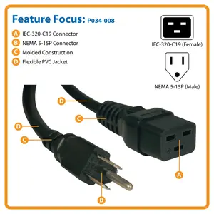 कस्टम लंबाई 3800W मशीन पीसी सर्वर एसी 12AWG 14AWG पावर केबल करने के लिए 6-15P C13 NEMA 5-15P C19 करने के लिए