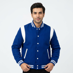 2025 OEM <b>Men</b> Stand Collar Blue Varsity Letterman Baseball <b>Jacket</b> with <b>White</b> Leather Strip Winter Heated College <b>Jacket</b> - Product Image 1