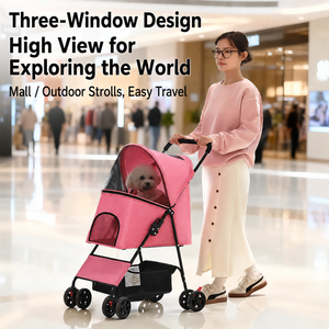 <strong>Pet</strong> Stroller Dog Cat <strong>Pram</strong> 4 Swivel Wheels Dual Brake Breathable 3-Window Mesh One-Click Fold Large Basket OEM Accepted - Product Image 2