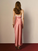 Robe longue rose en satin pour femme, col halter, avec dentelle, sans manches, taille empire, unie, décontractée, sexy, élégante pour soirée formelle