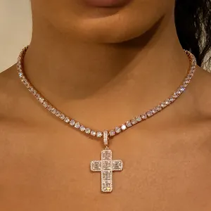 Women Menhip hop jewelry with big cross pendant with 5A cz paved 5mm cz tennis chain box chian rope chain choker in rose gold