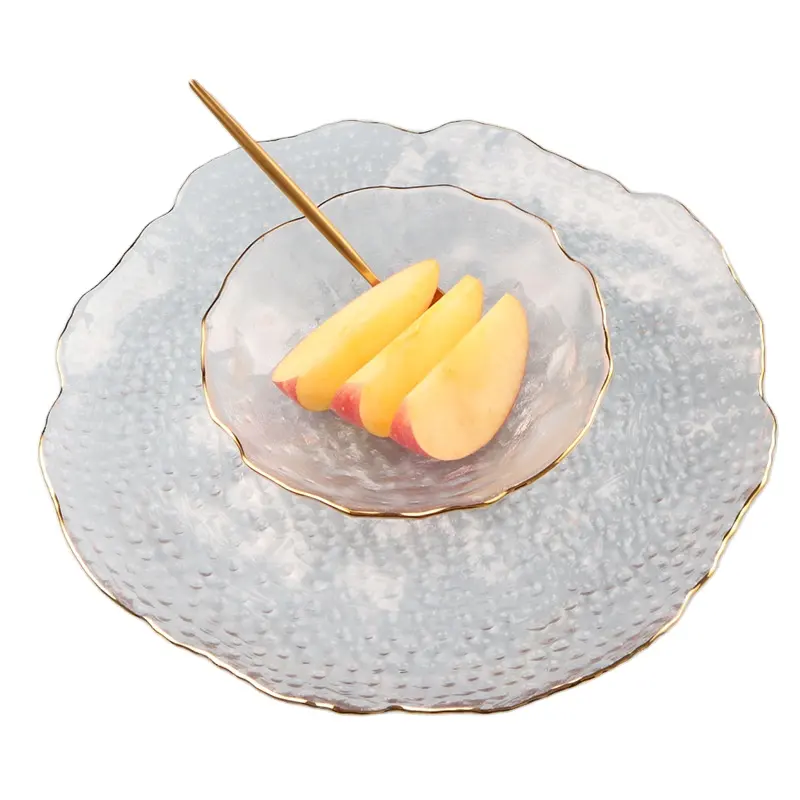 High quality Irregular Crystal Glass Fruit Plate and Bowl Dinnerware Set with Gold Rim