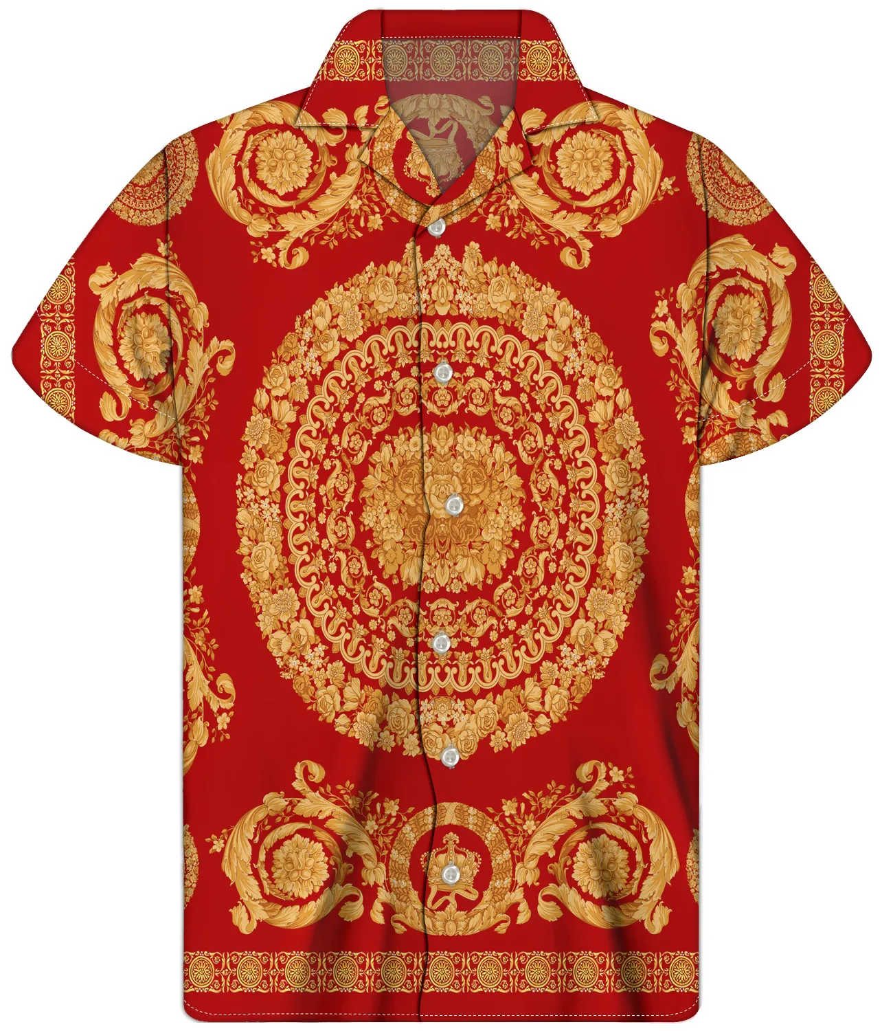 Red Baroque Bandana T-shirt Customized Large Size Designer Clothing Famous Brands Men Fashionable Casual Gold Design Aloha Shirt