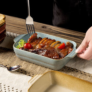 Plat de cuisson en céramique rétro créatif <span class=keywords><strong>pour</strong></span> barbecue japonais et coréen, four à pain à double anse <span class=keywords><strong>pour</strong></span> le <span class=keywords><strong>fromage</strong></span>, bol à riz au four - Product Image 5