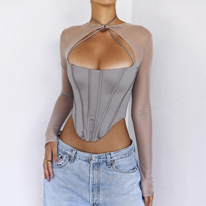 Chemisier asymétrique gris transparent à manches longues et découpes pour femme, style licou à lacets, couleur unie, en polyester, origine Yiwu FD9456 - Product Image 1