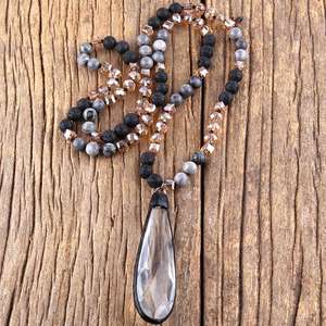 Женское ожерелье с натуральными камнями: пикоидный яшм, амазонит, африканская бирюза, длинный кулон-подвеска из хрустального стекла в форме капли - Product Image 5