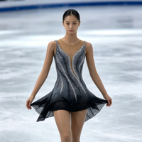 Costume de patinage artistique pour enfants et adultes, robe en maille dégradée gris-noir avec strass pour spectacle sur glace et compétition