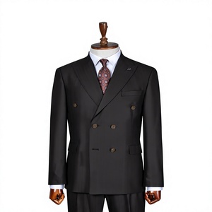 Costume d'affaires gris croisé pour homme, style britannique, col mandarin, coupe droite, infroissable, en tissu peigné, grandes tailles - Product Image 1