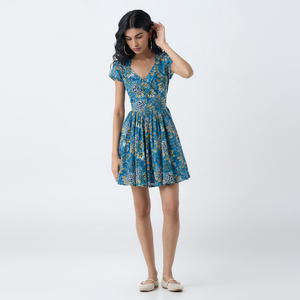 Robe trapèze en coton à imprimé floral bleu paisley Bombay - Product Image 1