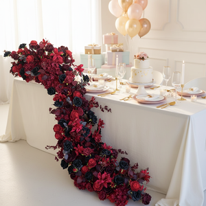 Runner Floreale di Alta Qualità in Seta Artificiale di Lusso con Rose Rosse e Nere, Lunghezza 230cm, Stampa Personalizzabile per Decorazioni Matrimoniali - Product Image 6