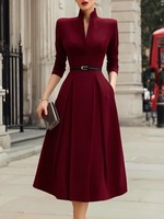 Nouvelle Robe Longue Automne/Hiver 2026 Style Occidental Européen et Américain, Couleur Unie, Col en V, Coupe Cintrée, Coupe Évasée