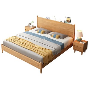 Lit double en bois massif de style nordique avec rangement, mobilier de chambre moderne et minimaliste - Product Image 1