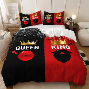Màu đỏ và màu đen vua và nữ hoàng Duvet cover cho cặp vợ chồng Quà tặng đám cưới vương miện của mình và cô <span class=keywords><strong>bedding</strong></span> Set - Product Image 5