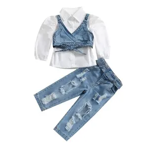 2022 moda autunno abbigliamento per bambini set camicie a maniche lunghe a sbuffo solido top gilet di Jeans Jeans strappati con foro 3 pezzi abbigliamento per ragazze