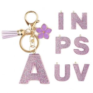 Porte-clés en résine DIY style coréen avec 26 lettres anglaises à paillettes, pendentif fleur violette, breloque de sac - Product Image 5