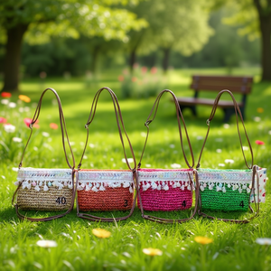 Borsa a Tracolla in Carta Intrecciata con Piccoli Fiori e Frange 25x17Cm Accessorio di Moda - Product Image 2