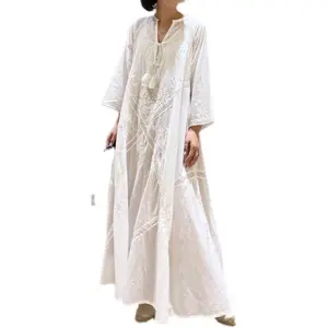 2024 white lace V Neck Long Sleeve Loose Maxi embroidery linen dress Bohemian womens linen Long Dress abaya modest dress