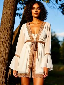 Bohemian Lace <b>Patchwork</b> Chiffon Tunic <b>Shirt</b> for Women - Flare Sleeve Deep V Neck Blouse, Lightweight Vacation Dress - Product Image 1