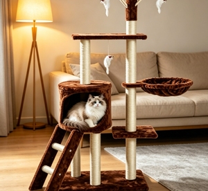 Arbre à chat multi-niveaux en bois massif avec condo, échelle, hamac, poteaux à gratter en sisal, jouets suspendus en plumes, grande activité pour chat - Product Image 4