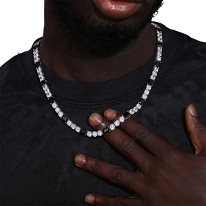Men's S925 Silver Moissanite Tennis <b>Chain</b> Necklace Round Brilliant Cut Rhodium Plated Hiphop Style Bead Link <b>Chain</b> - Product Image 1