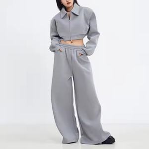 Survêtements d'automne pour femmes, mode streetwear, veste courte à fermeture éclair et col à revers, ensemble de pantalons de survêtement en coton French Terry 100% pour femmes - Product Image 4