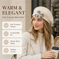 Béret en tricot beige pour femme, chaud et doux, ton avoine, avec nœud en carreaux vichy et perle, élégant, neutre, chic, vente en gros