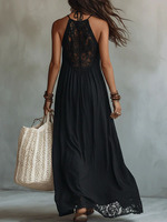 Robe longue élégante noire Joydressing à col halter, sexy, avec patchwork de dentelle, fluide, style bohème, pour fêtes à la plage, vente en gros, fournisseur personnalisé